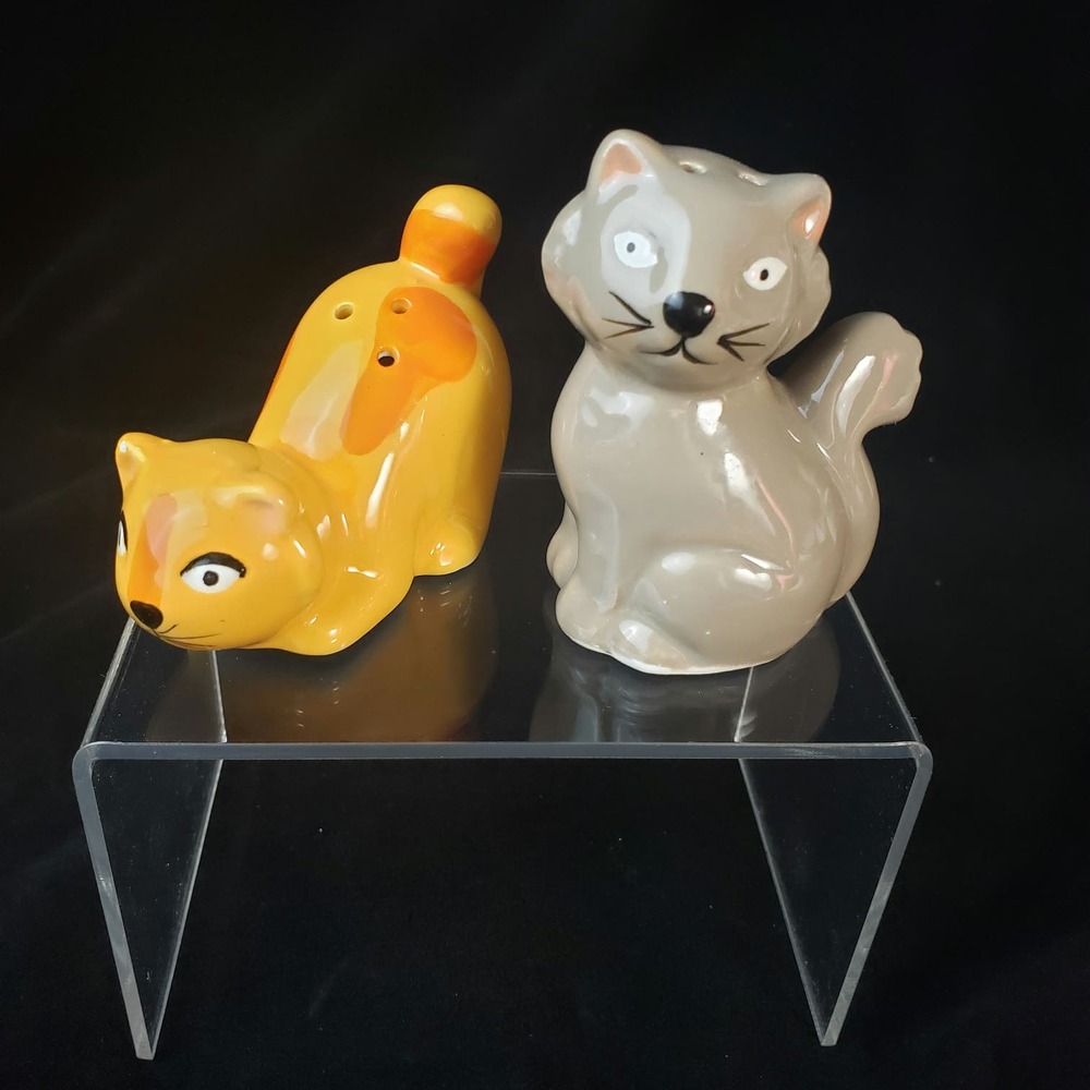Figural Cat Salt and Pepper Shakers Gray Cat Yellow Striped Cat